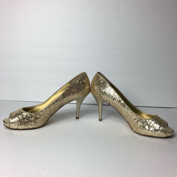 Guess Gold Sequin Peep Toe Party Stiletto Heels - Picture 3 of 8